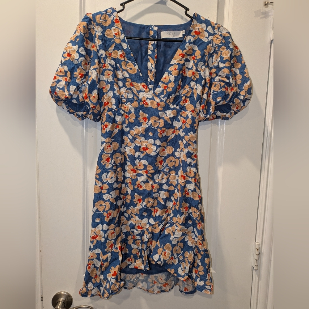 ASTR the Label Blue Floral Puff Sleeve Open Back Mini Dress Size Small